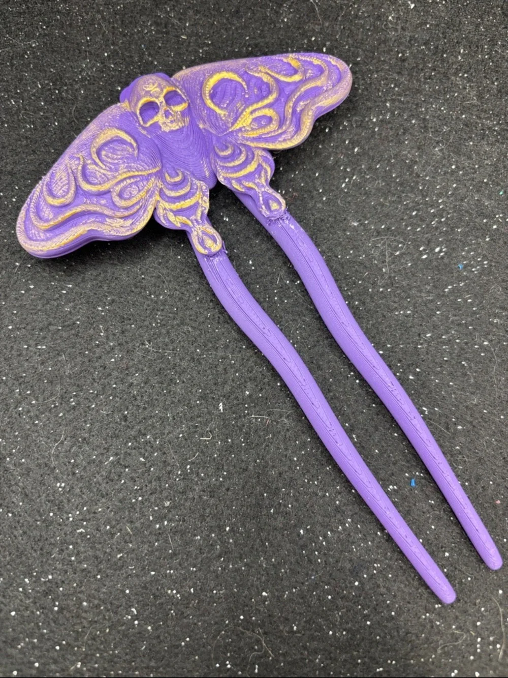 Skull Moth Hair Pin | Hand Painted Purple & Gold Gothic Hair Pin